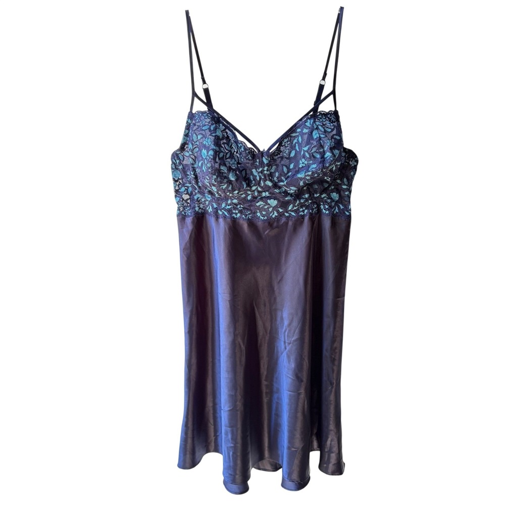 Cacique Babydoll Chemise Lingerie‎ Women 14/16 Navy Blue Lace Satin Intimates
